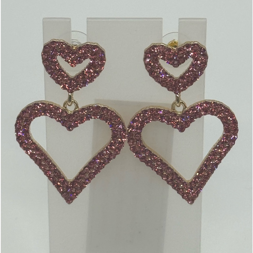 Open Heart Drop Dangle Earrings Made w/ Swarovski Pink Crystal with Gold Overlay
